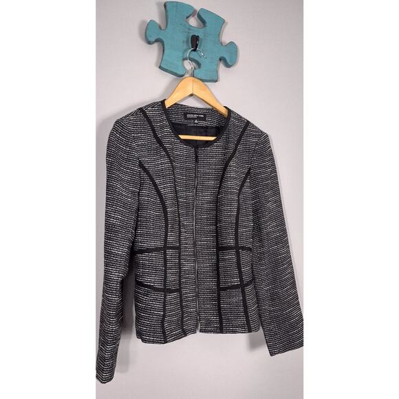 JONES NEW YORK Black Tweed Geometric Trim Zipper Blazer Jacket 10 Office Career - Picture 2 of 16